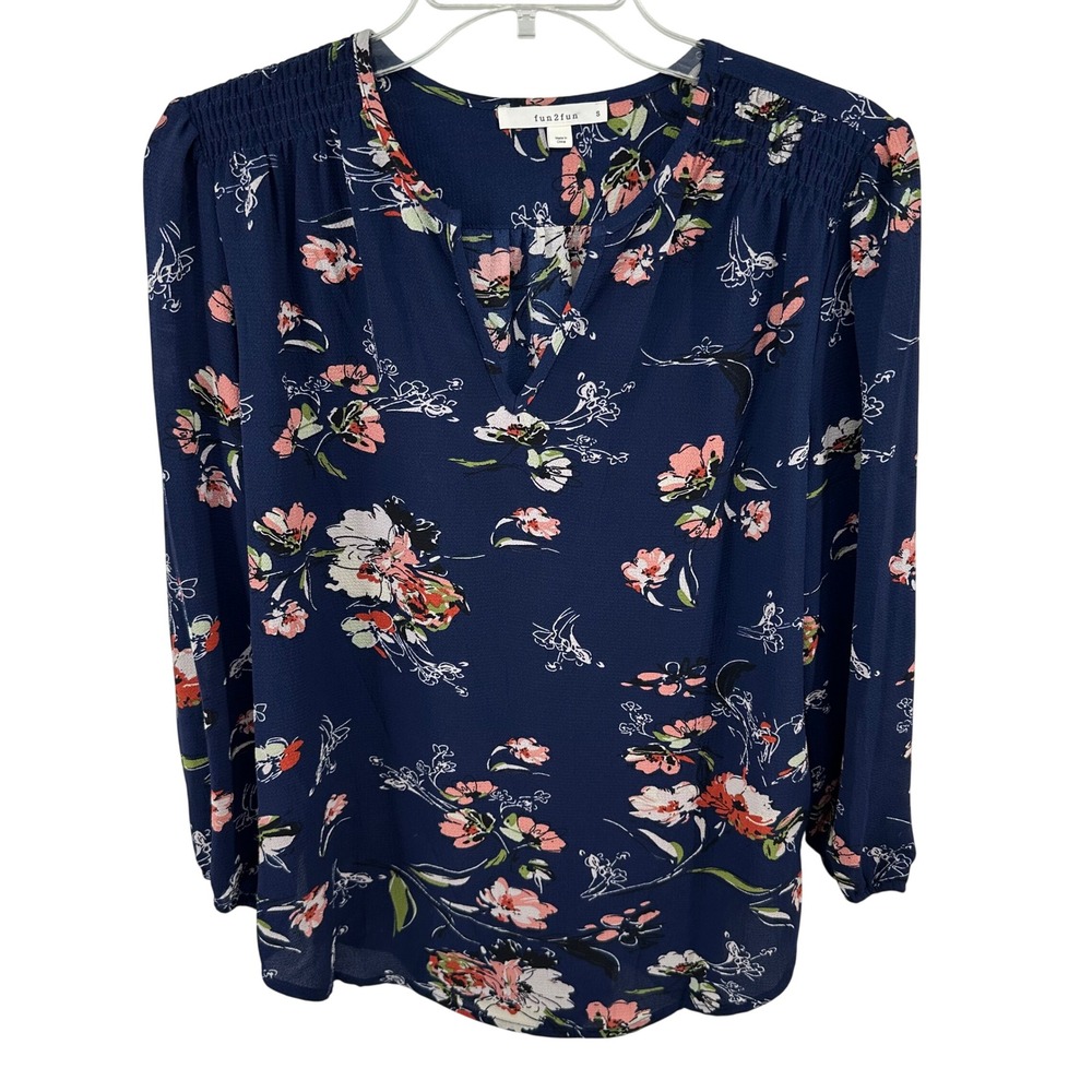Fun2Fun Womens Boho Blue Floral Smocked Shoulder Split Neck Blouse Sz S